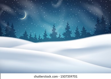 Night winter background. Vector background with snow-covered hills and blizzard