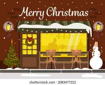 Night winter cafe. Christmas greeting card. Snowman, Christmas tree, silhouette of people. Flat illustration.