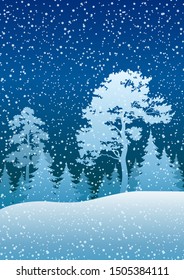 Night Winter Christmas Woodland Blue Landscape with Pine and Fir Trees silhouettes and Blue Sky with Snow. Vector