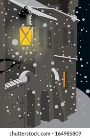 Night winter city and glowing lantern