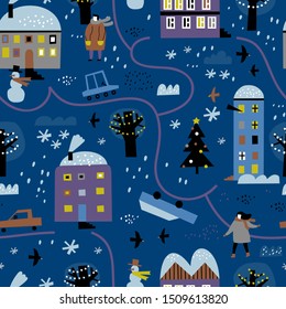 Night winter city seamless pattern. Childish textile, wrapping paper, wallpaper design. Background with houses, trees and cars. Winter landscape.