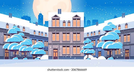 night winter city street with modern houses exterior urban buildings facade horizontal cityscape background