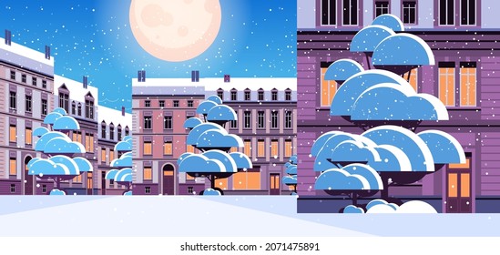 night winter city street with modern houses exterior urban buildings facade horizontal cityscape background