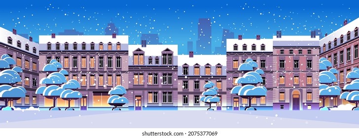 Night Winter City Street With Modern Houses Exterior Urban Buildings Facade Horizontal Cityscape Background