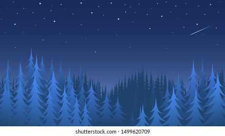 Night winter coniferous forest with a starry sky. Blue silhouettes of pines and firs. Vector illustration of taiga as a background.