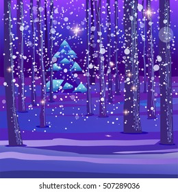 Night Winter forest background with Christmas tree and snow. Vector art. Dark blue Night natture.