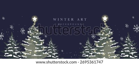 Night winter forest vector illustration with glowing Christmas trees under starry sky, magical scene for New Year cards and wallpapers