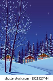 Night winter landscape with alpine village and forest in the background. Handmade drawing vector illustration. Flat design poster.