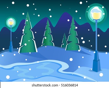 Night winter landscape. In the background the mountains. Trees in the snow. Street lights. Icy lake.