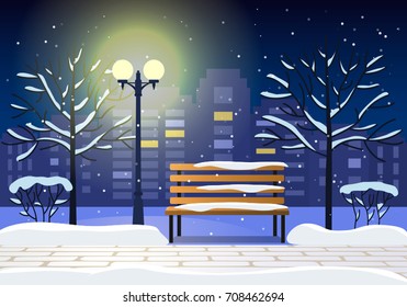 Night winter landscape with a bench in a city park. Vector illustration. christmas concept