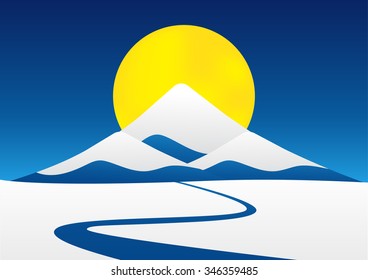 Night winter landscape of blue ice mountain with snow and river like Mt-Fuji on blue sky and super moon in background. Vector illustration design. 