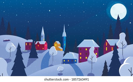 night winter landscape in flat style. village at night in the snow. vector illustration