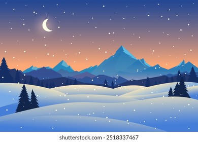 Night winter landscape of forest and mountains. Snow-capped mountains, forest, trees, snowdrifts, snowfall and the amazing night sky of the month. Christmas Eve.