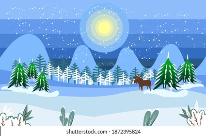 Night winter landscape with a full moon. Snowy hills and fir trees. Background for Christmas cards.