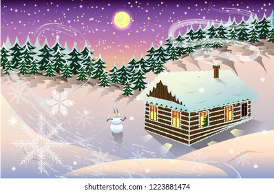 night winter landscape with house and forest background.