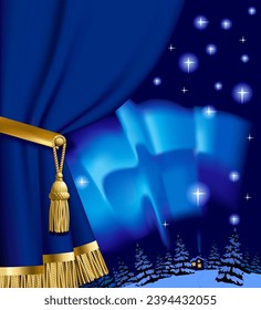 Night winter landscape with a house in the forest against the background of the starry sky. Christmas and New Year cards and poster or billboard design. Vector illustration.