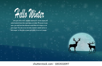 Night winter landscape with moon and deers vector background. Copy space for text.