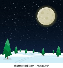 Night winter landscape with the moon. Place for text.