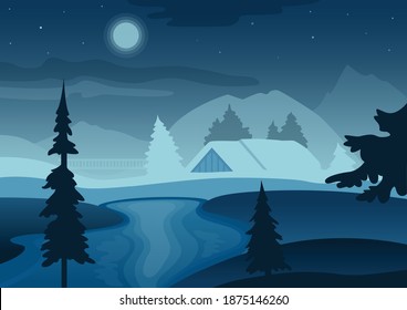 Night winter landscape with moon, stars and snow.