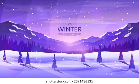 Paisaje nocturno de invierno. Los picos de montaña y el bosque contra el cielo nocturno. Árboles de flores en la nieve se deslizan en primer plano. La nevada. Un cielo brillante. Ilustración vectorial. Diseño para banner, fondo.