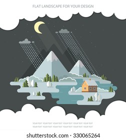 Night winter landscape mountains snow-capped hills. flat vector illustration