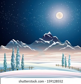 Night winter landscape with mountains and snowy trees.