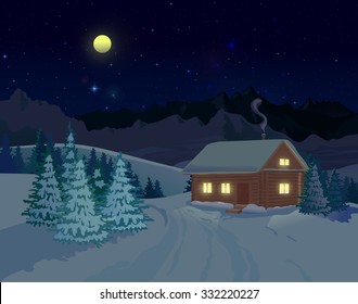 Night winter landscape with mountains and spruce trees