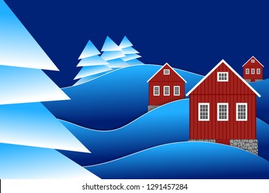 Night winter landscape with red country houses and fir tree forest. Vector illustration EPS10