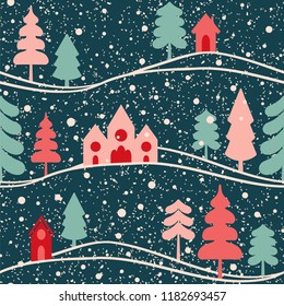 Night winter landscape. Seamless vector pattern with trees and houses.