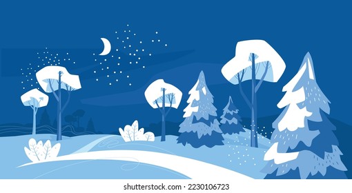 Night winter landscape. Snow forest. Christmas trees and trees in the snow. Background. Vector image.