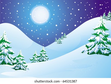 Night Winter Landscape: Snow Hills And Pines