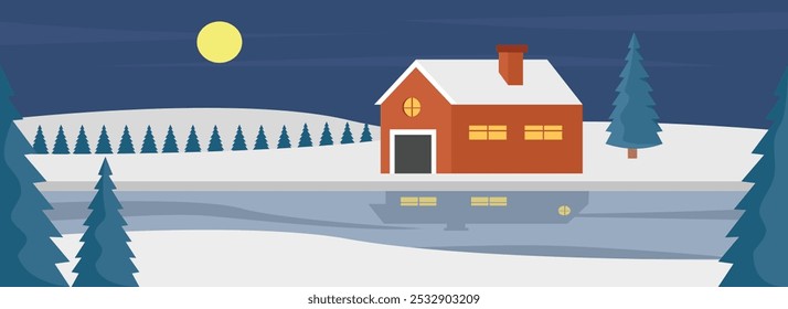 Night winter landscape. Winter night snow illustration. Home on the hill at the winter night. Winter moonlight.