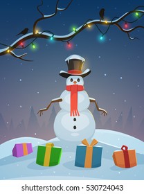 Night winter landscape with snowman and presents in snow, Christmas greeting card.