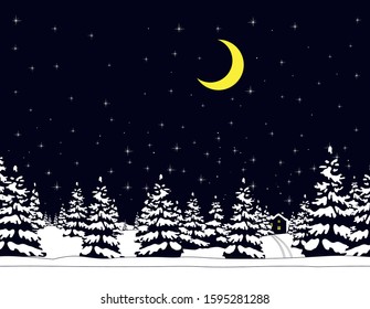 Night winter landscape with a spruce forest in snow under starry sky. Christmas background in flat style. Vector Illustration