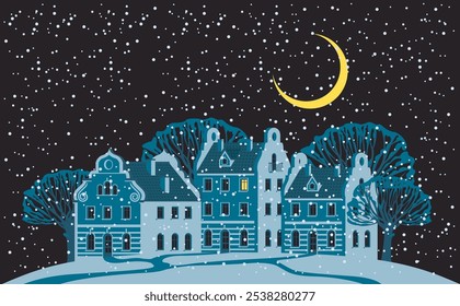 Night winter landscape with town houses, snow and hill and the moon. Vector winter illustration in cartoon style. Cute cozy gingerbread houses