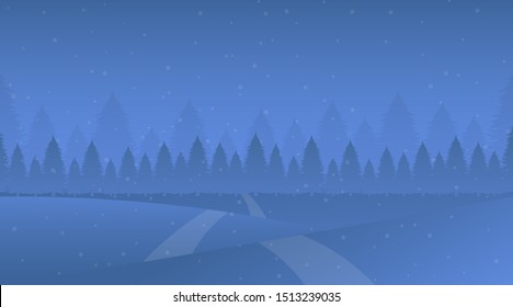 Night winter landscape vector illustration. Snowy meadow, snowdrifts, trodden road, fir-tree forest. Cold evening snowfall in spruce woods, frost weather, nature scenery flat background