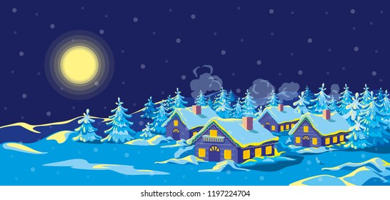 Night winter landscape with village, houses decorated with garlands and light bulbs among a forest of fir trees, mountains. Horizontal illustration for Christmas and New Year greeting card. Vector