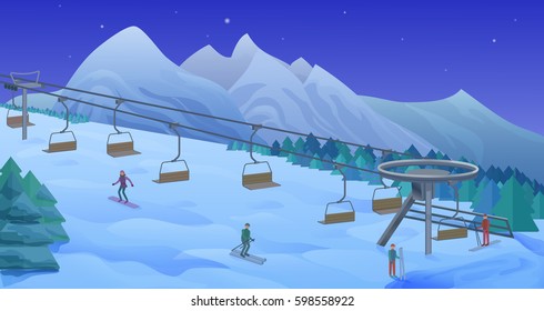 Night winter leisure activity template with skiing snowboarding people and cableway with cabins vector illustration