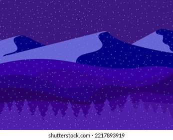 Paisaje nocturno de montaña de invierno con caída de nieve. Paisaje montañoso de estilo plano. Vistas a las nevadas colinas. Diseño para carteles, agencias de viajes y artículos promocionales. Ilustración del vector