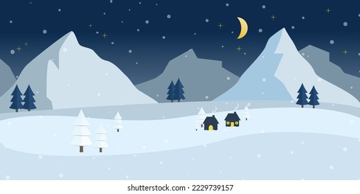 Night Winter Mountains Landscape Background with Hills Pines and House - Flat Vector Design Illustration