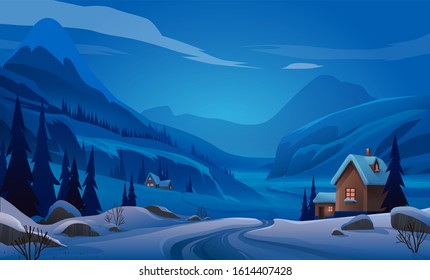 Night Winter Mountains landscape with pines and hills. Flat Vector illustration. Background for poster, banner, card, brochure or cover.