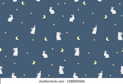 Night winter  pattern with rabbit. Star and moon seamless background