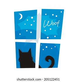 Night or winter scene with barking dog outside a window