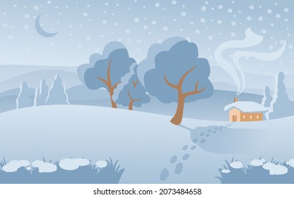 Night winter scene of a house in the village, with some trees on hills and snowflakes. Landscape of vectorial illustration