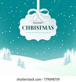 Night winter scene landscape background with snowy field and fir trees. Paper 3d label with silver bow and ribbon on the teal background with falling snow. Merry Christmas nature background. Vector.