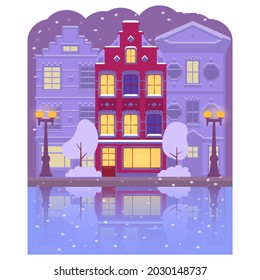 Night winter time Amsterdam house.The buildings are reflected in the river.Vector flat illustration.Glowing lanterns.