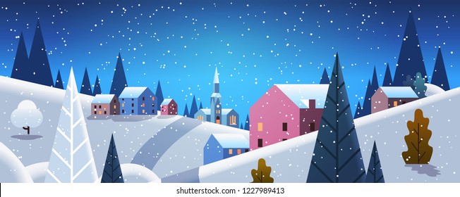 Night winter village houses mountains hills landscape snowfall background.  horizontal banner flat vector illustration