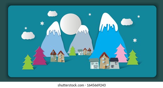 Night winter village houses mountains hills landscape and pine. Banner flat vector illustration.