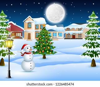 Night winter village landscape with snow covered house, christmas tree and snowman