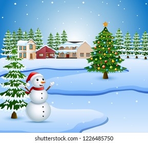 Night winter village landscape with snow covered house and christmas tree